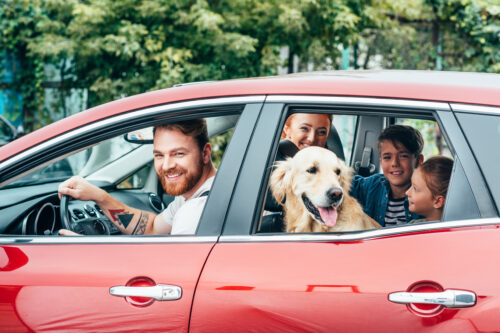 Mom, dad, and kids travelling by car with dog in the backseat