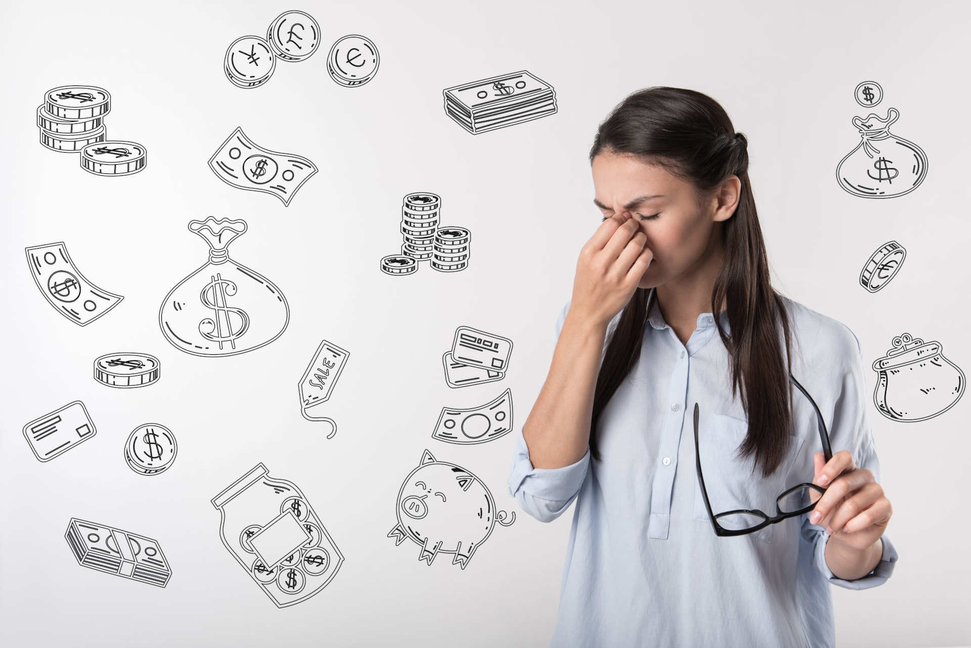 graphic featuring female millennial frustrated over bad financial spending habits and ways to improve her situation