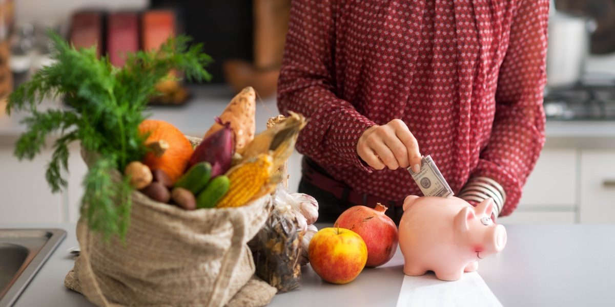 creative image representing saving money on your grocery bill each week by building a budget and reduce buying in excess.