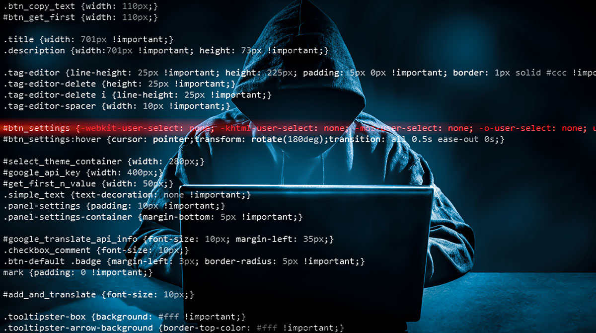 creative image representing a hacker performing identify theft of personal information with HTML code overlayed
