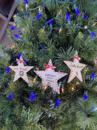 close-up of a tree decorated with hand-made ornaments from HRCCU employees for the Lake Luzerne Memory Christmas Tree
