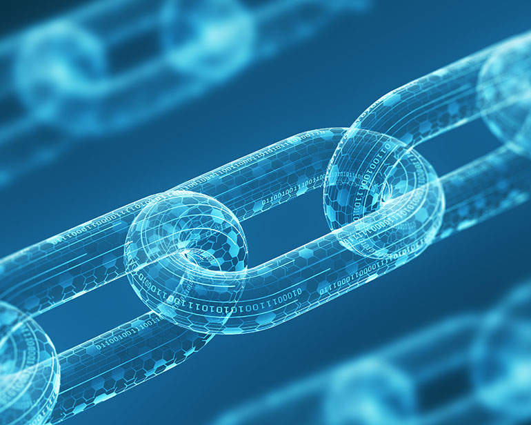 graphic of the blockchain of cryptocurrency made of binary code representing the decentralized public ledger and security
