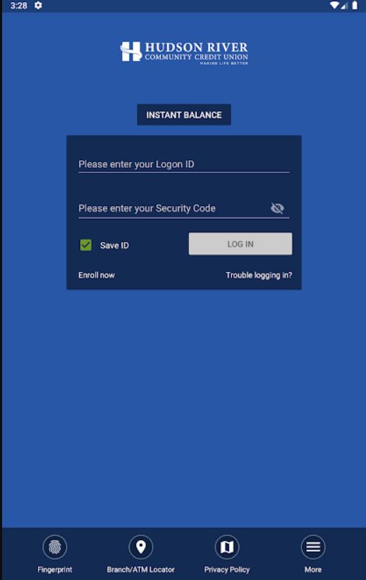 blue login screen of the HRCCU mobile banking app
