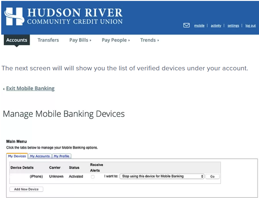 blue and white account settings page of HRCCU mobile banking app