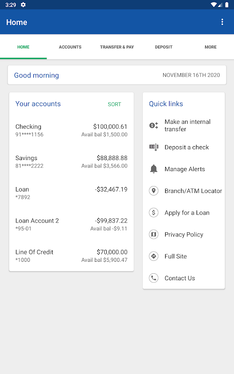 Blue and white HRCCU mobile banking home-screen menu with expense tracker