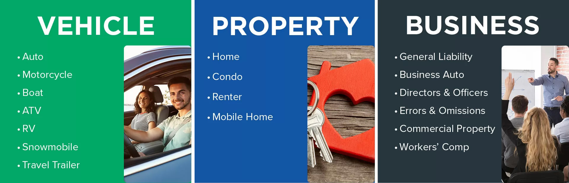 green, blue, and black boxes with white text displaying items covered by insurance