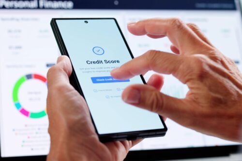 A man logs into his personal finance account to check his credit score.